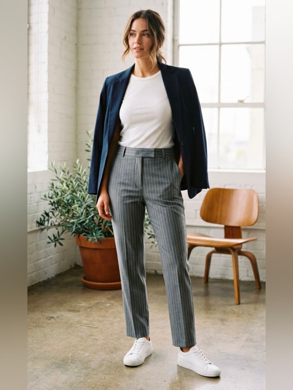 Zara Gray Pinstripe Tailored Straight Leg Trousers Pants Size M